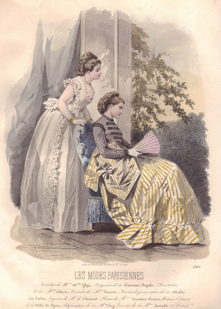 FASHION. Elegant Parisian ladies. Parasol. yellow 1869 old antique print